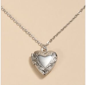 Silver-Tone Heart Locket Necklace with Ornate Scroll Detail